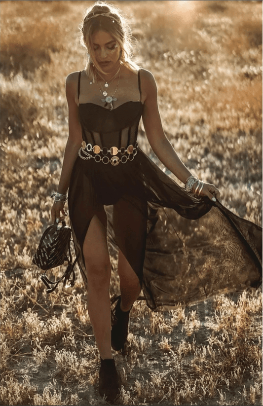 Vestido Mujer con Capa Translucida y Doble Abertura - Mavetta