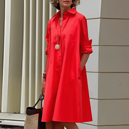 Vestido Mujer de Lino Cuello Vuelto Manga Tres Cuartos Escote Pico