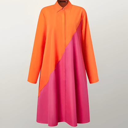 Vestido Mujer de Lino Cuello Vuelto Manga Tres Cuartos Escote Pico