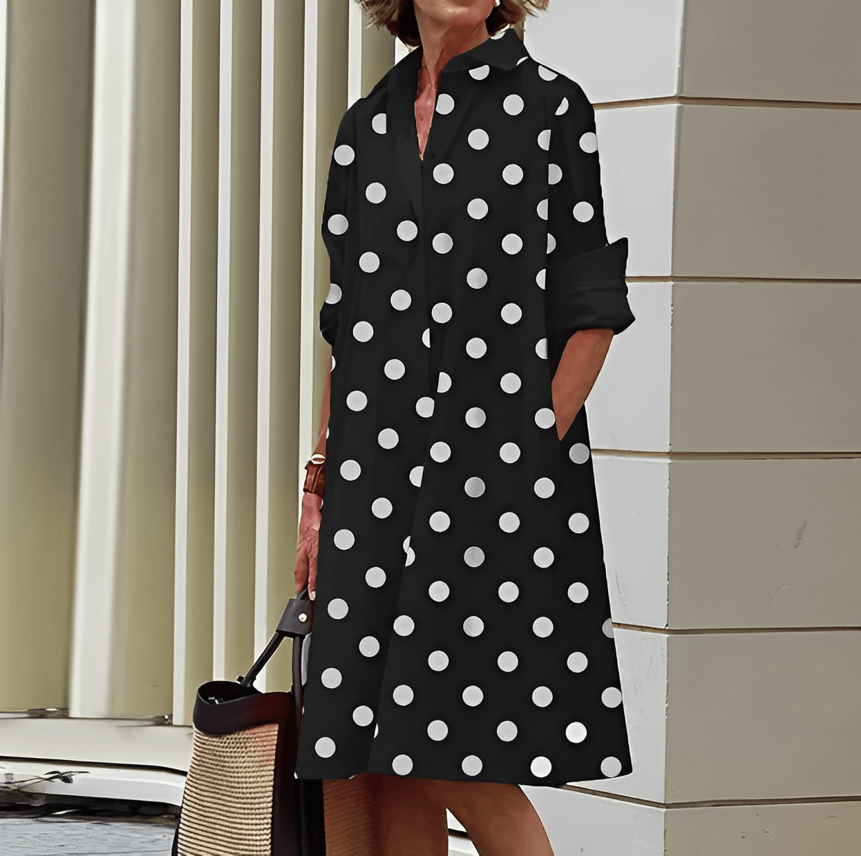 Vestido Mujer de Lino Cuello Vuelto Manga Tres Cuartos Escote Pico