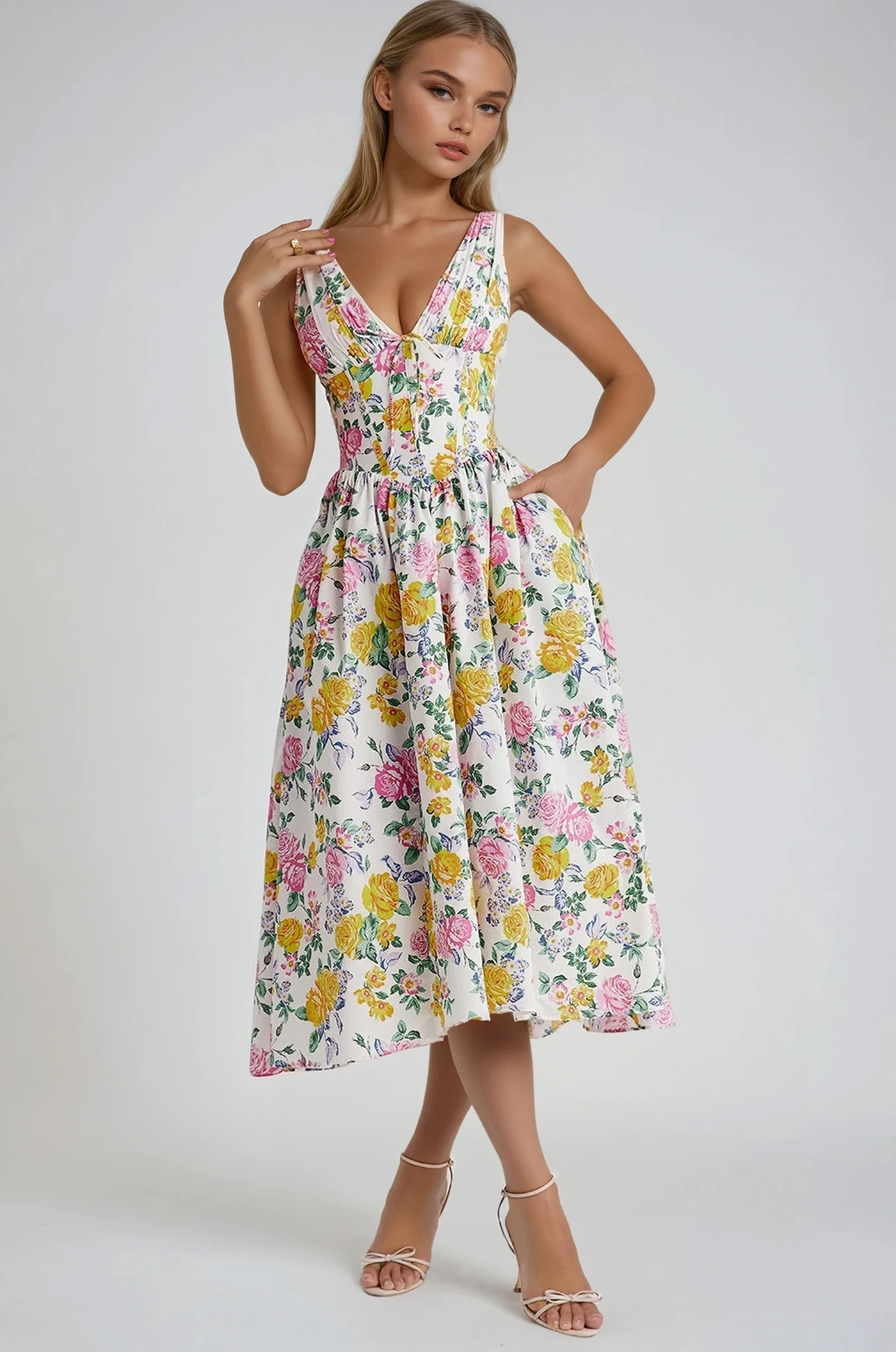 Vestido midi mujer con estampado floral escote en V - Mavetta