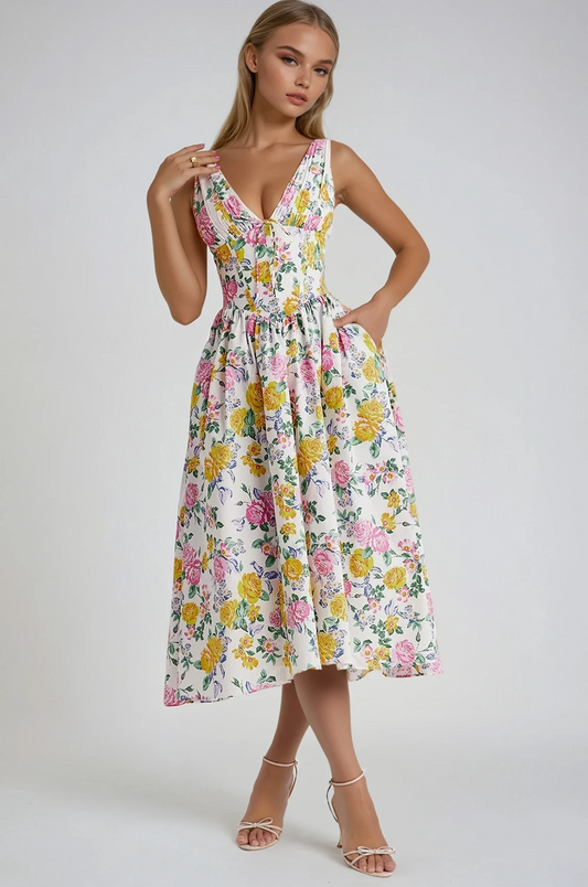 Vestido midi mujer con estampado floral escote en V - Mavetta