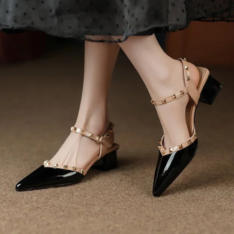 Zapatos Mujer Tacón Cuadrado Tachuelas Punta Afilada