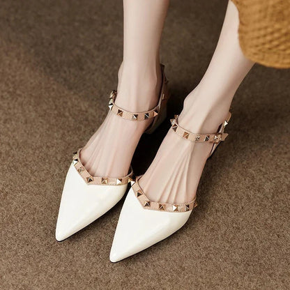 Zapatos Mujer Tacón Cuadrado Tachuelas Punta Afilada