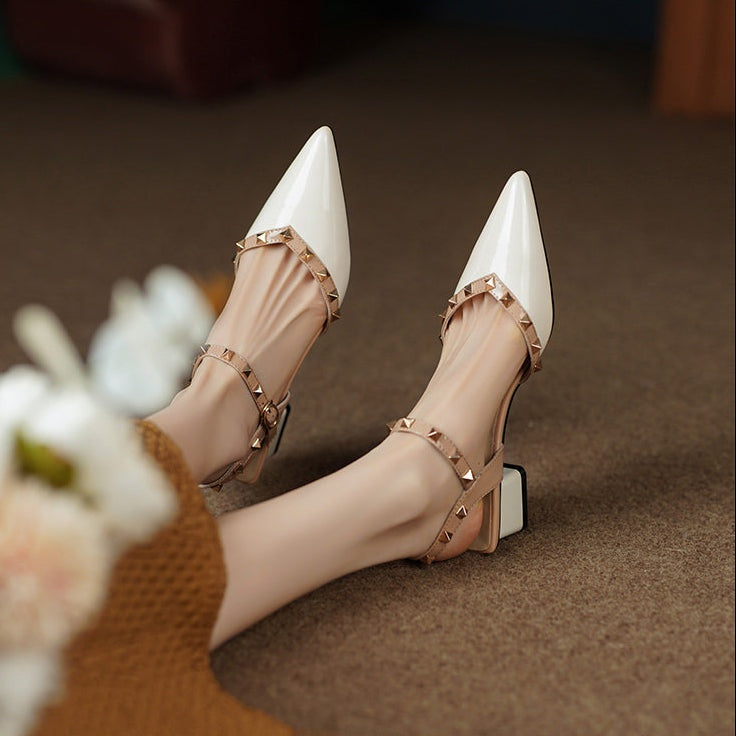 Zapatos Mujer Tacón Cuadrado Tachuelas Punta Afilada