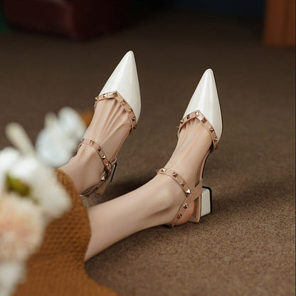 Zapatos Mujer Tacón Cuadrado Tachuelas Punta Afilada