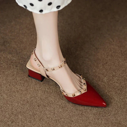 Zapatos Mujer Tacón Cuadrado Tachuelas Punta Afilada