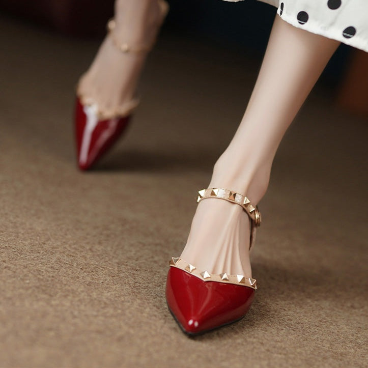 Zapatos Mujer Tacón Cuadrado Tachuelas Punta Afilada
