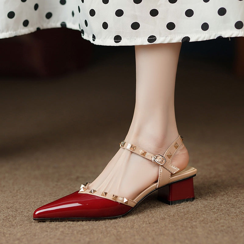 Zapatos Mujer Tacón Cuadrado Tachuelas Punta Afilada