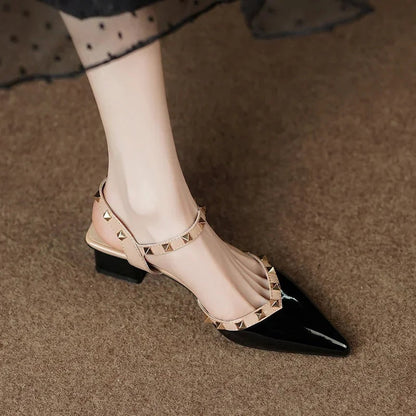 Zapatos Mujer Tacón Cuadrado Tachuelas Punta Afilada