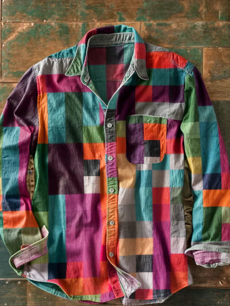 Camisa hombre patchwork Algodón botones Ajuste clásico