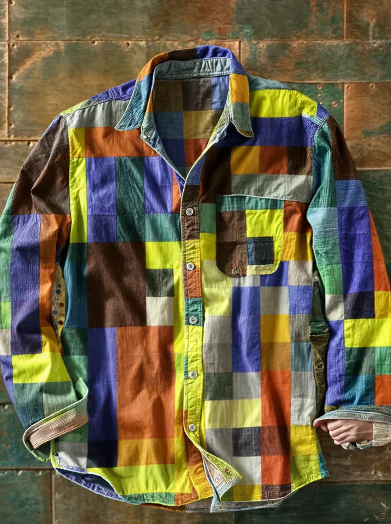 Camisa hombre patchwork Algodón botones Ajuste clásico