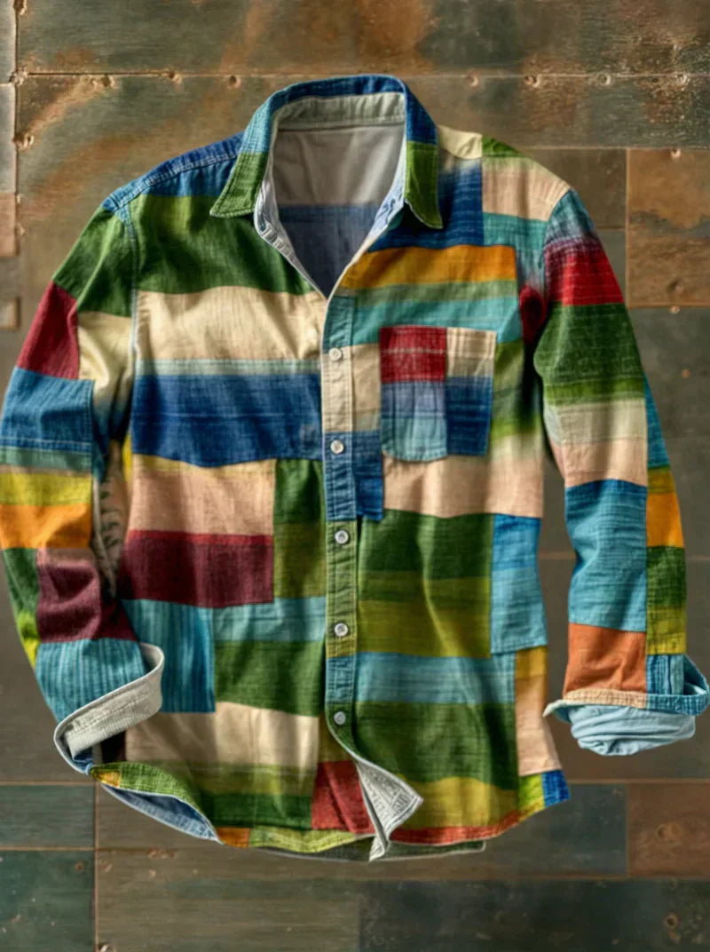 Camisa hombre patchwork Algodón botones Ajuste clásico