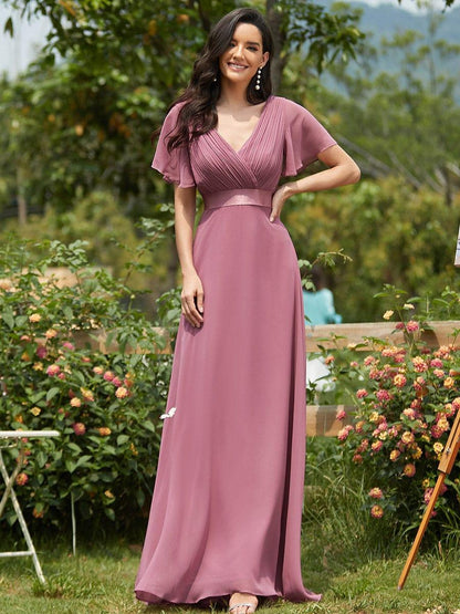 Vestido largo Mujer de gasa con cintura imperio y mangas cortas