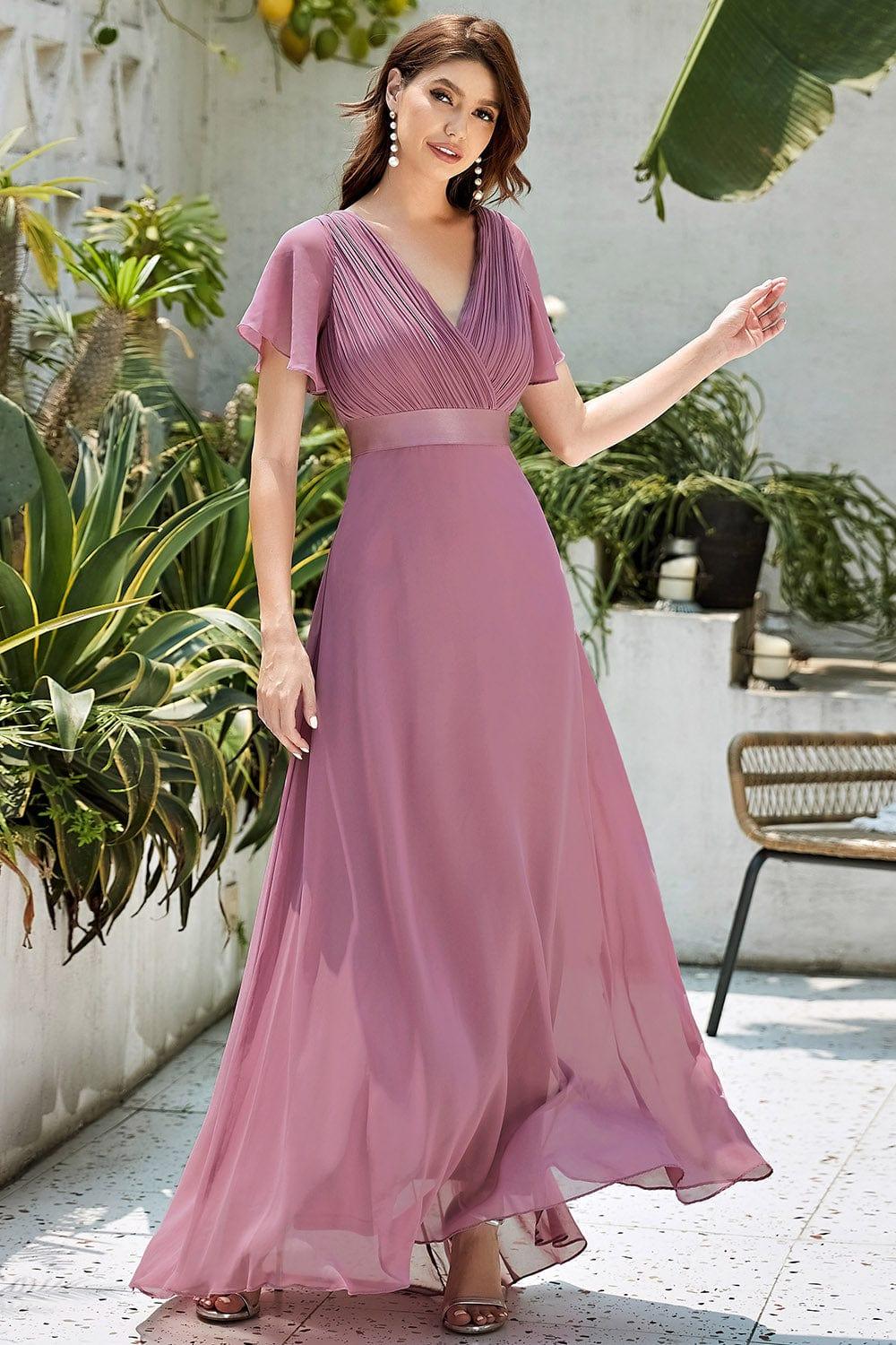 Vestido largo Mujer de gasa con cintura imperio y mangas cortas