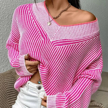 Jersey Mujer de Punto Suave Rayas Hombros Descubiertos
