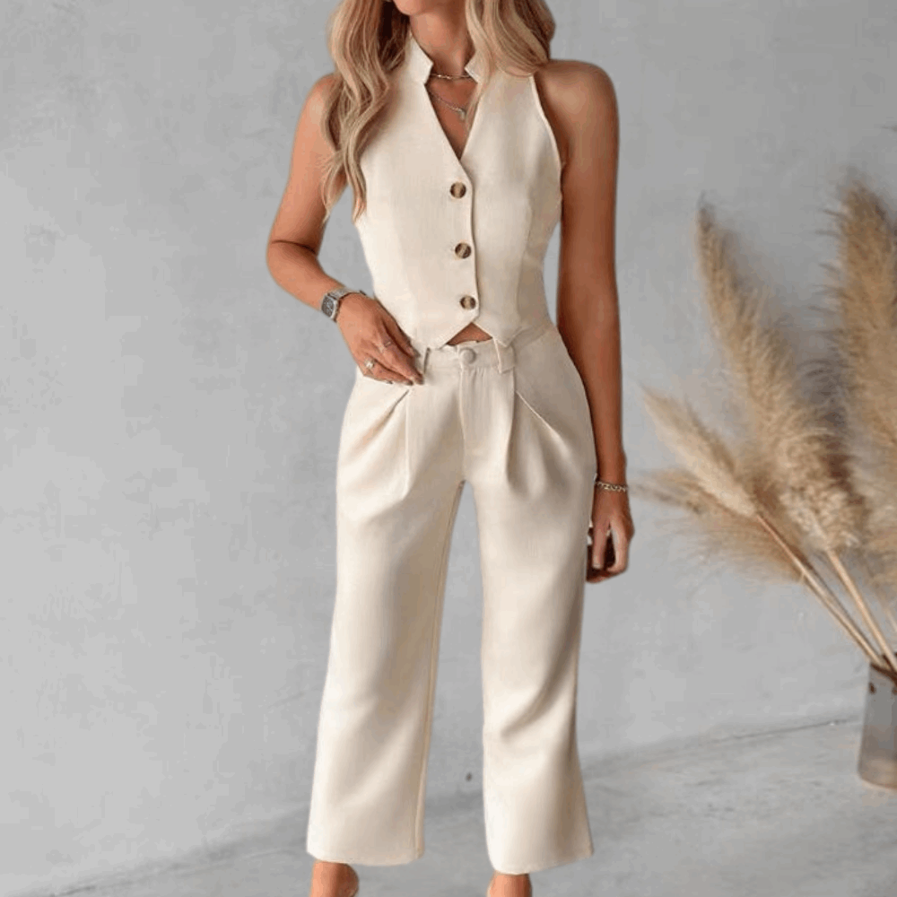 Conjunto Mujer Blazer Sin Mangas y Pantalón Palazzo Elegante - Mavetta