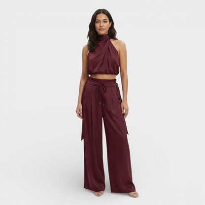 Mono Largo Mujer Cuello Drapeado Pantalón Palazzo