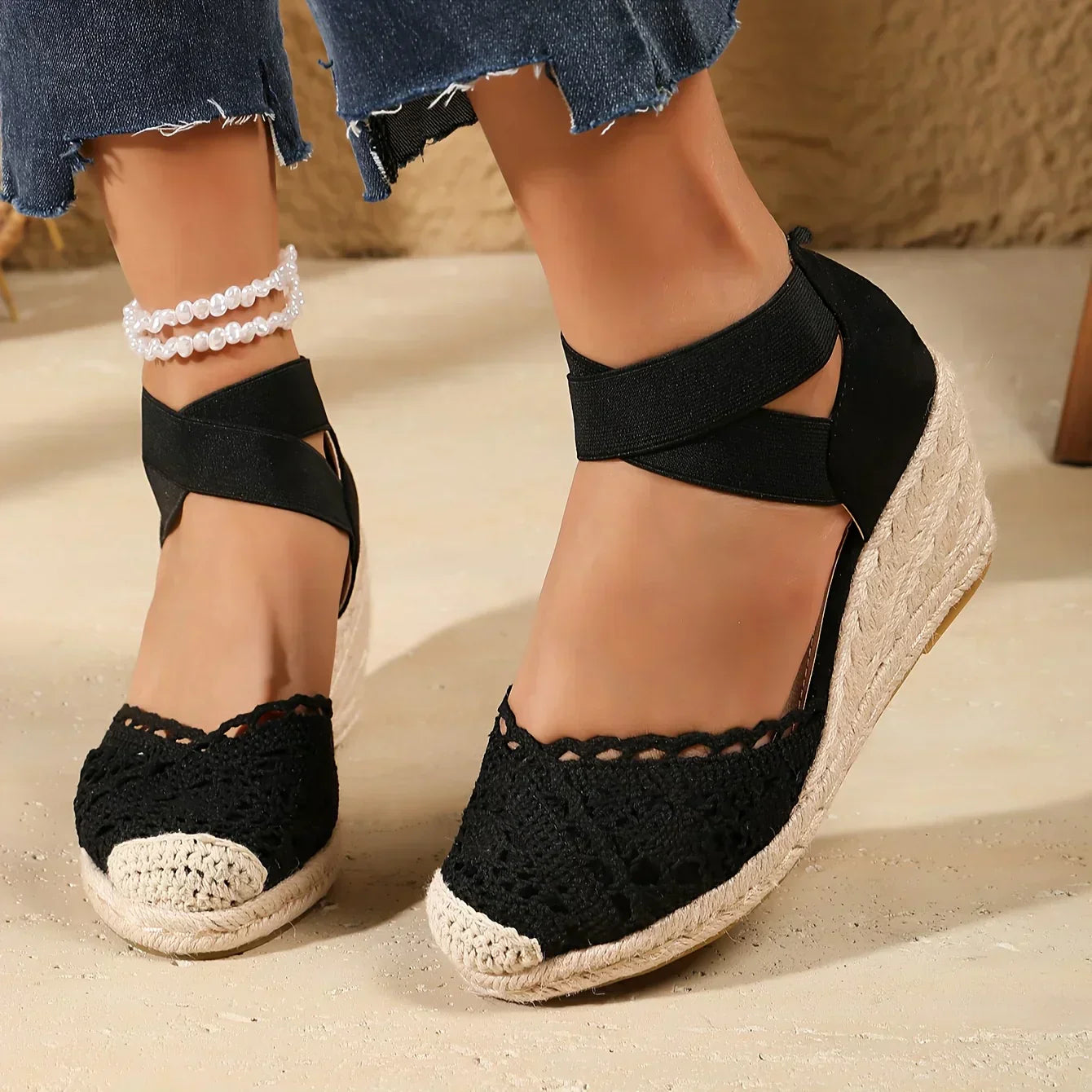 Zapatos Mujer de Cuña con Crochet y Tira Elástica en Tobillo