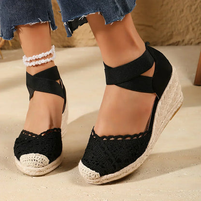 Zapatos Mujer de Cuña con Crochet y Tira Elástica en Tobillo