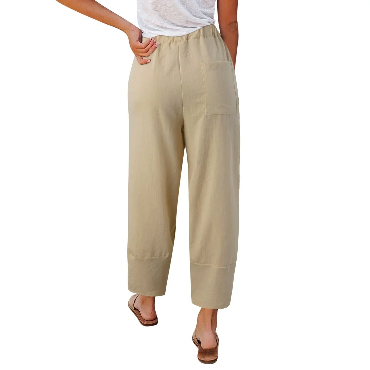 Pantalón ancho mujer de tela ligera corte suelto y largo cropped