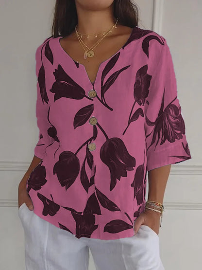 Blusa Mujer Estampado Floral Botones Manga Larga