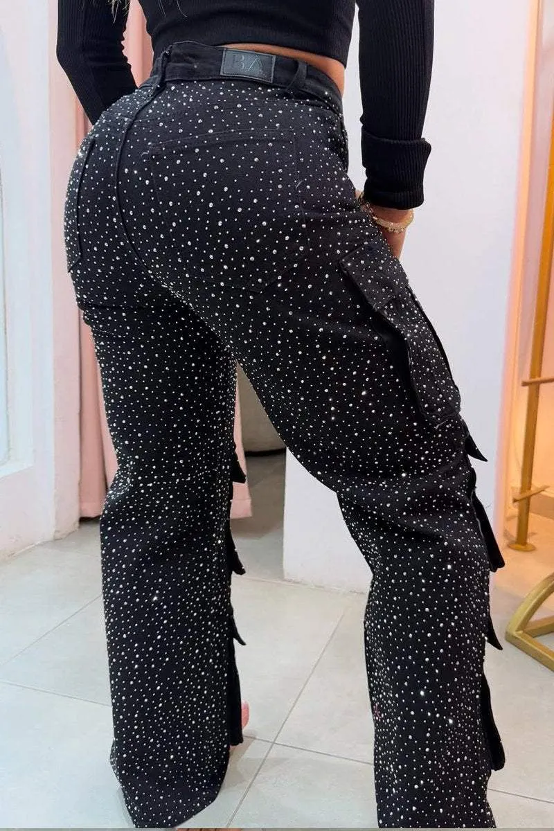 Pantalón Cargo Mujer con Efecto Brillante y Bolsillos Amplios
