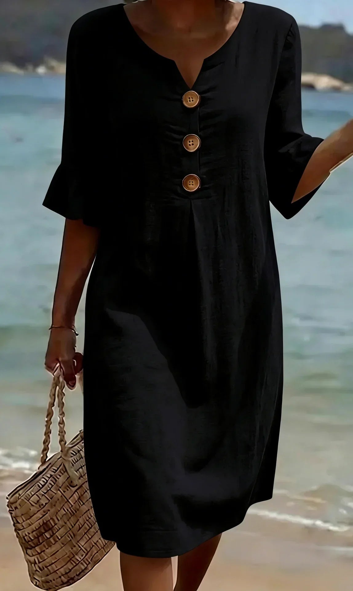 Vestido mujer de lino manga abullonada estilo fresco