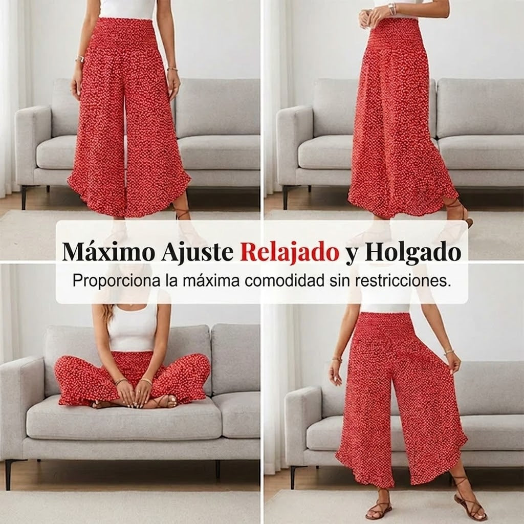 Pantalón Mujer Fluido Estampado Lunares Volante