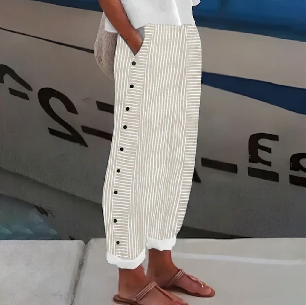 Pantalón recto Mujer con botones laterales y rayas
