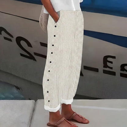 Pantalón recto Mujer con botones laterales y rayas