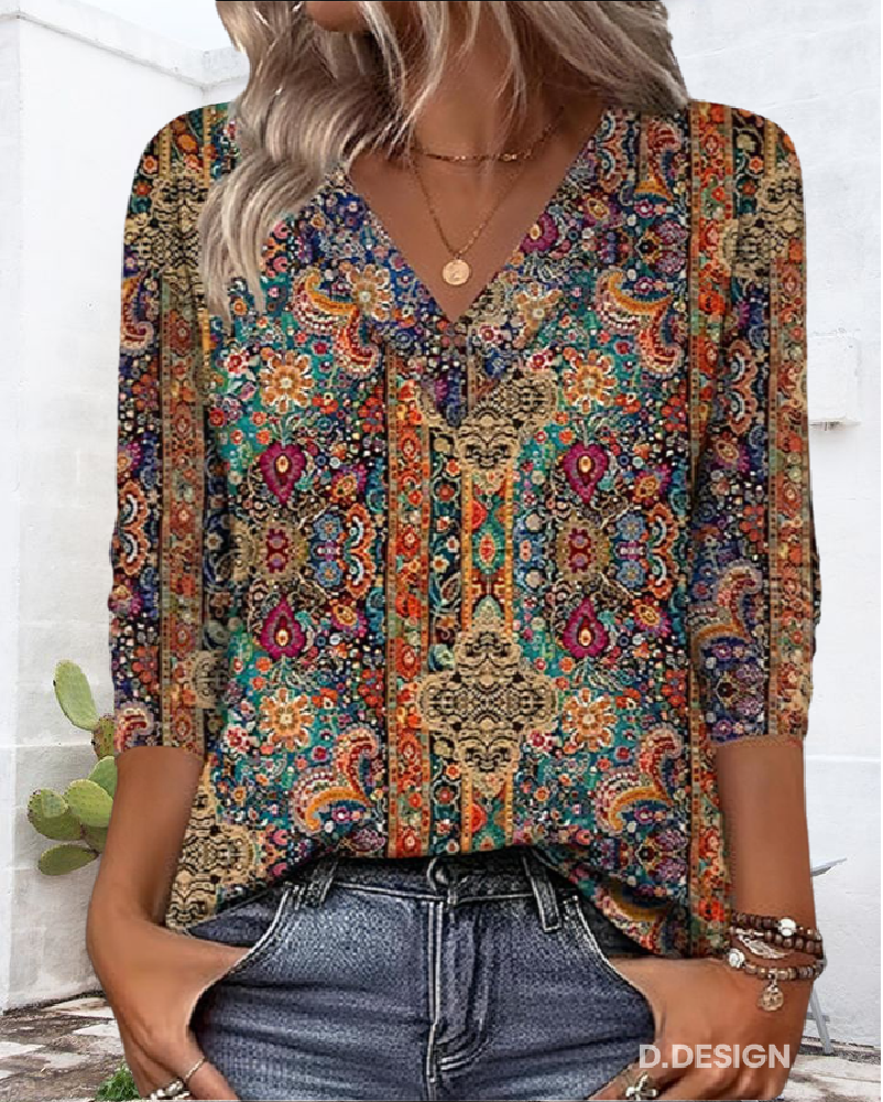 Blusa Mujer Estampado Retro Escote en V