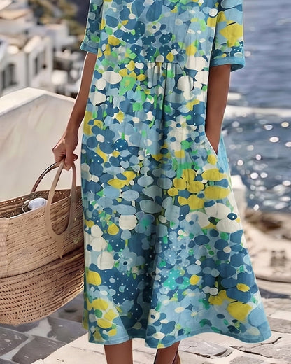 Vestido midi mujer algodón lino estampado bolsillos verano
