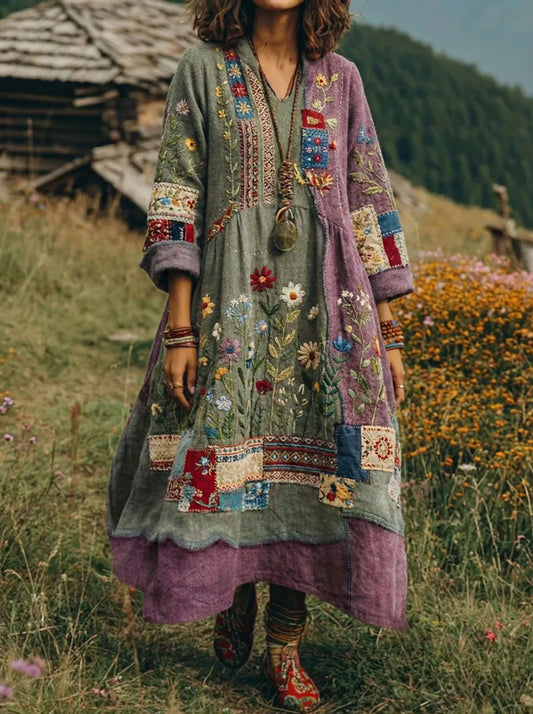 Vestido largo mujer patchwork bordado estilo bohemio fluido - Mavetta