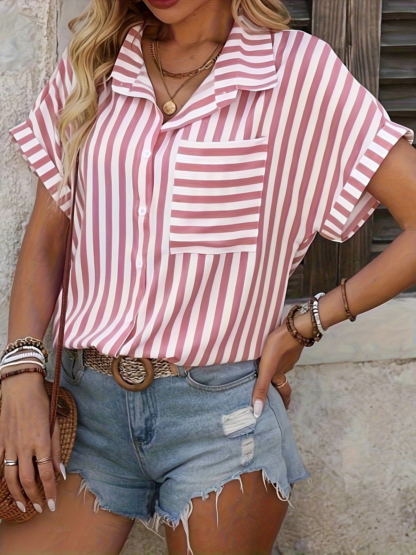 Blusa mujer de manga corta con detalles de rayas
