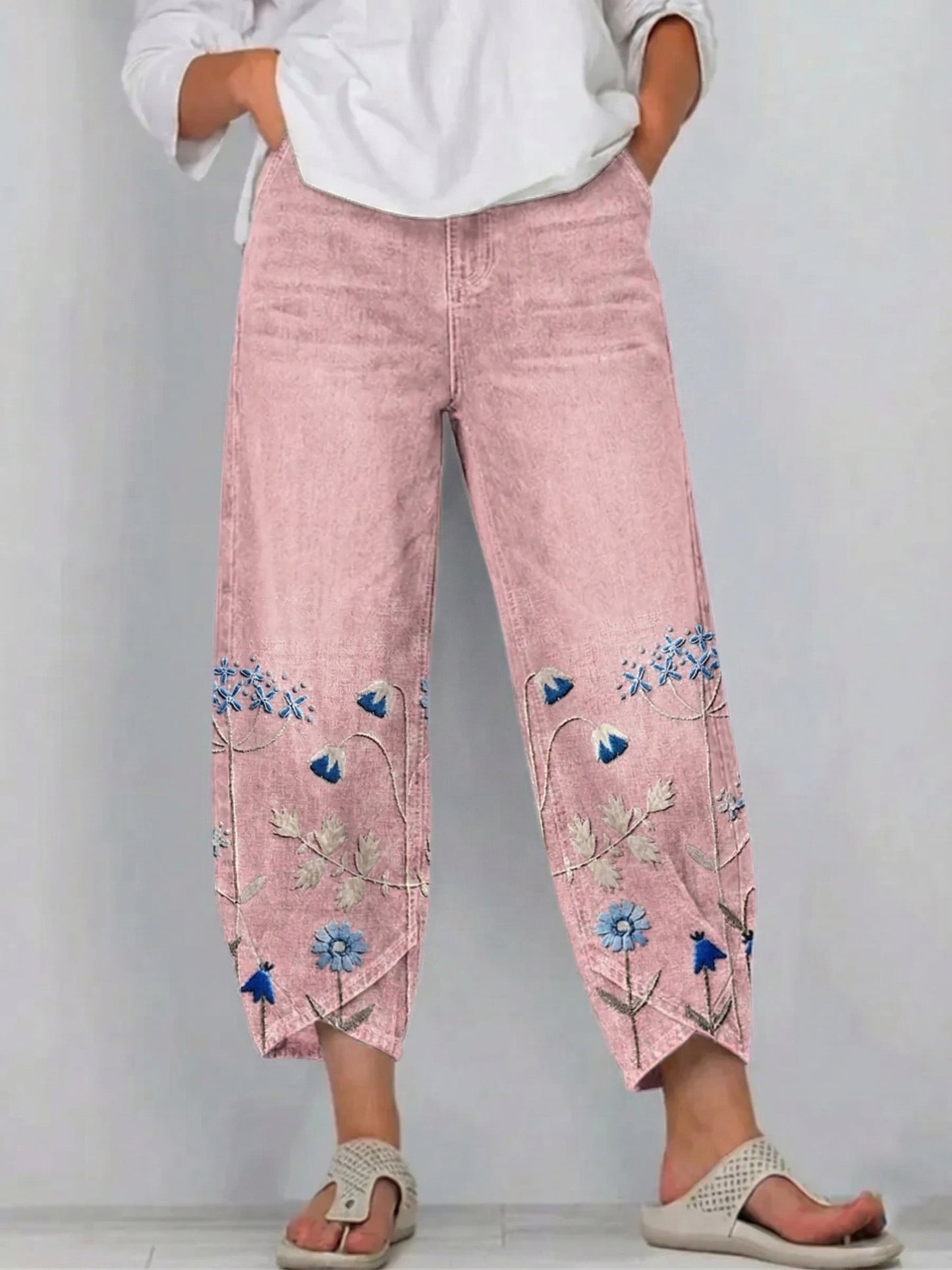 Pantalón mujer denim algodón bordado floral corte recto boho