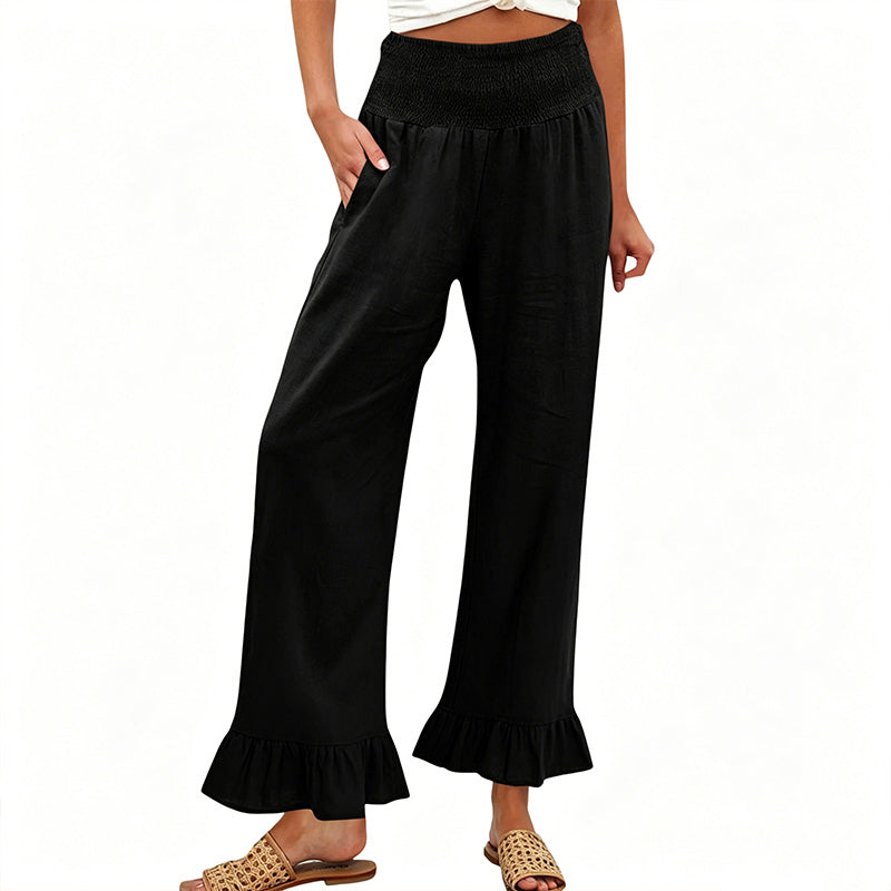 Pantalón mujer algodón y lino ancho tiro alto volante boho