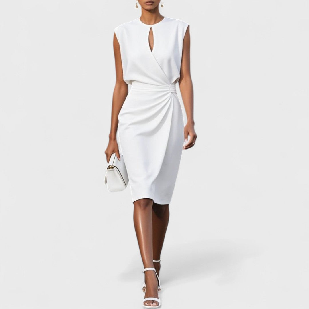Vestido Midi Mujer Cruzado con Pliegues y Cuello Redondo