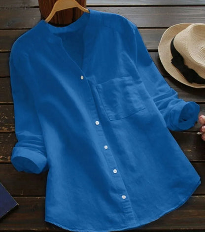 Camisa Mujer con Manga Larga Bolsillo y Cuello Sin Solapa