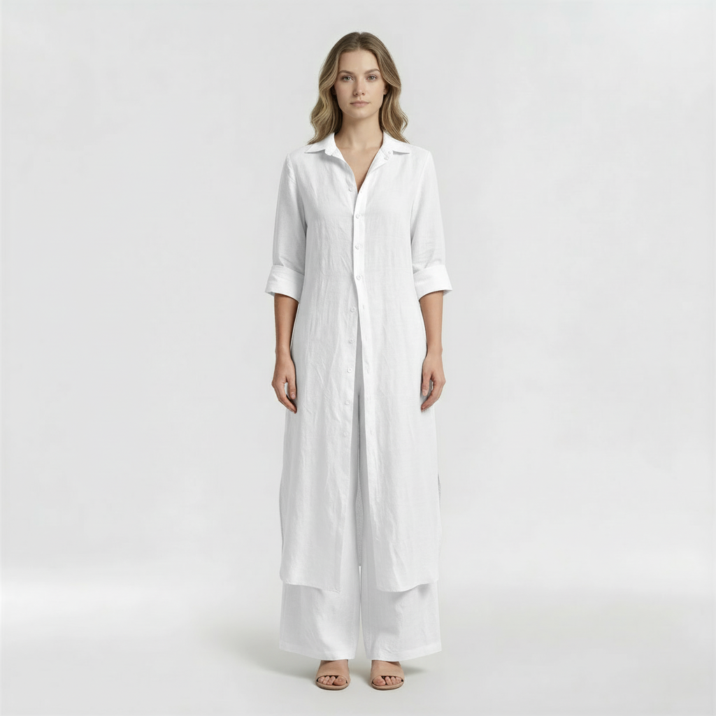 Conjunto Mujer Camisa Larga y Pantalón Pata Ancha Mezcla Lino