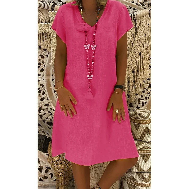 Vestido midi mujer Suave cuello en V mangas cortas