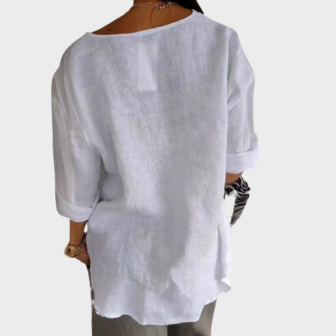 Blusa Mujer de Lino Escote en V Casual Elegante