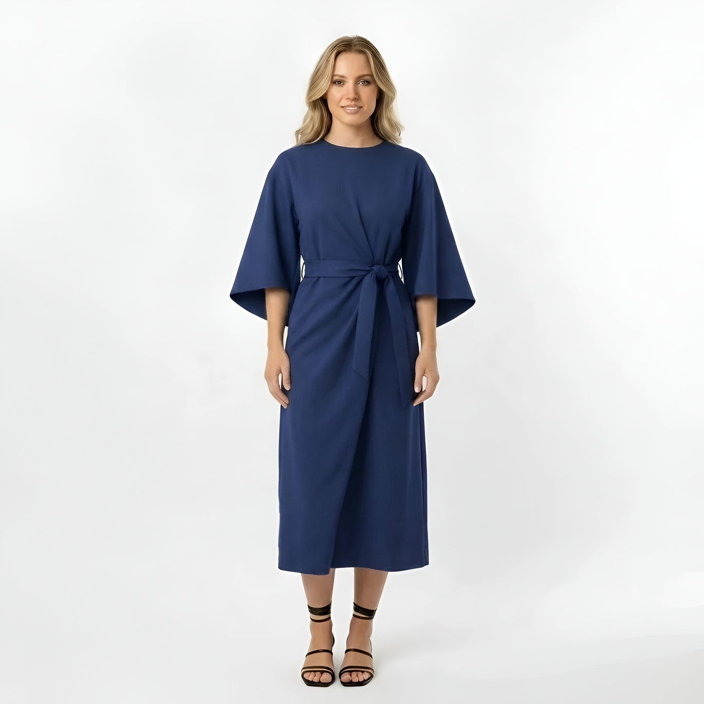Vestido Midi Mujer Poliéster Cinturón Manga Cruzada