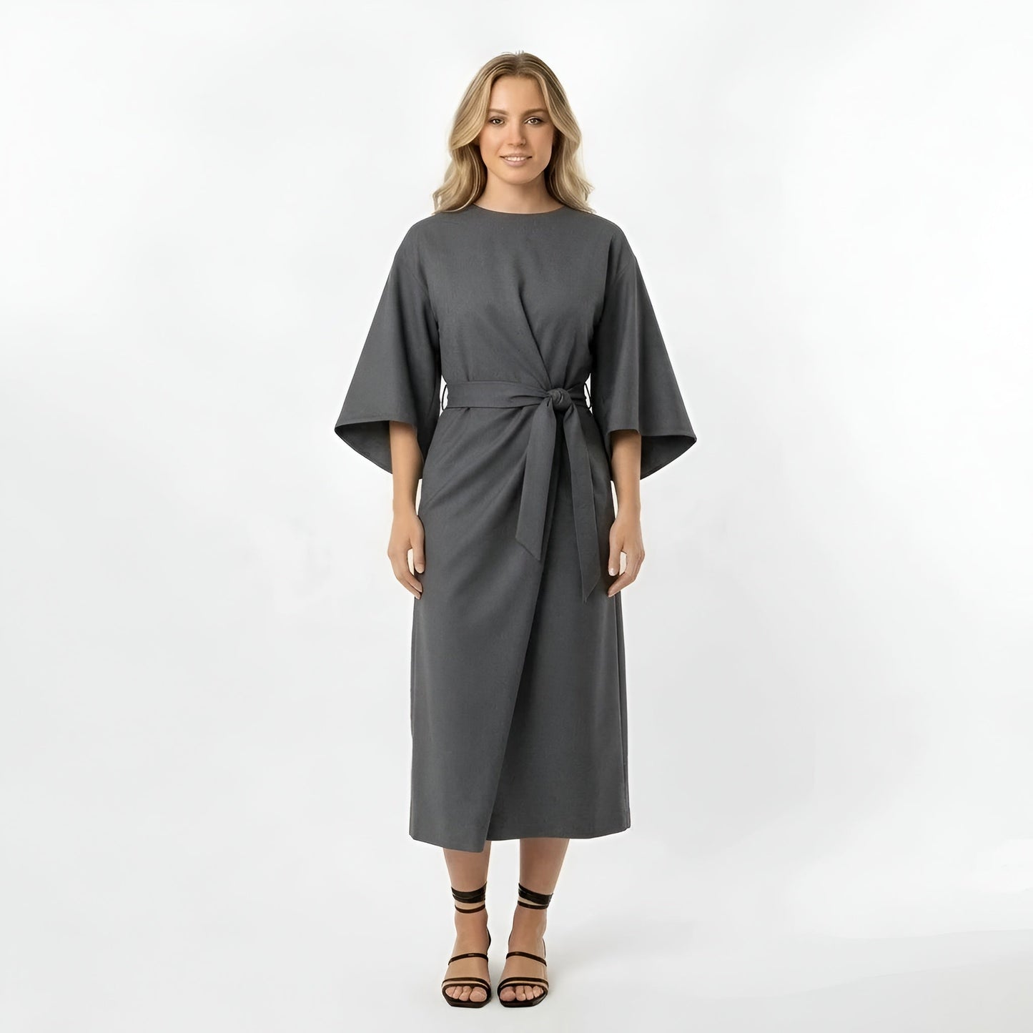 Vestido Midi Mujer Poliéster Cinturón Manga Cruzada