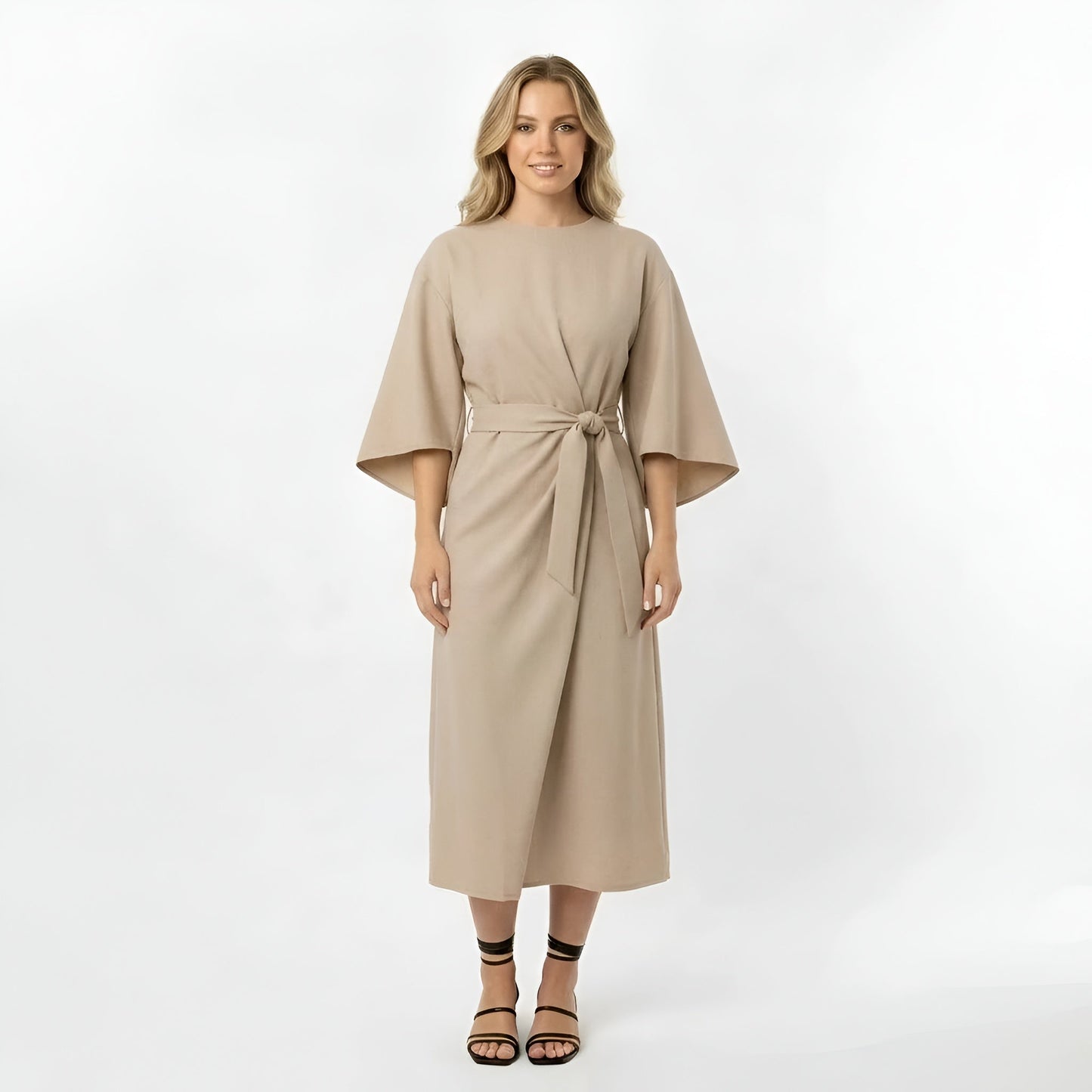 Vestido Midi Mujer Poliéster Cinturón Manga Cruzada