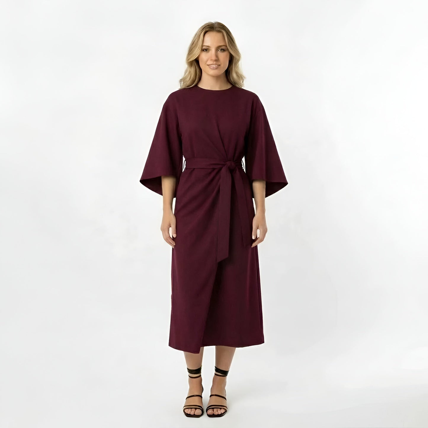 Vestido Midi Mujer Poliéster Cinturón Manga Cruzada