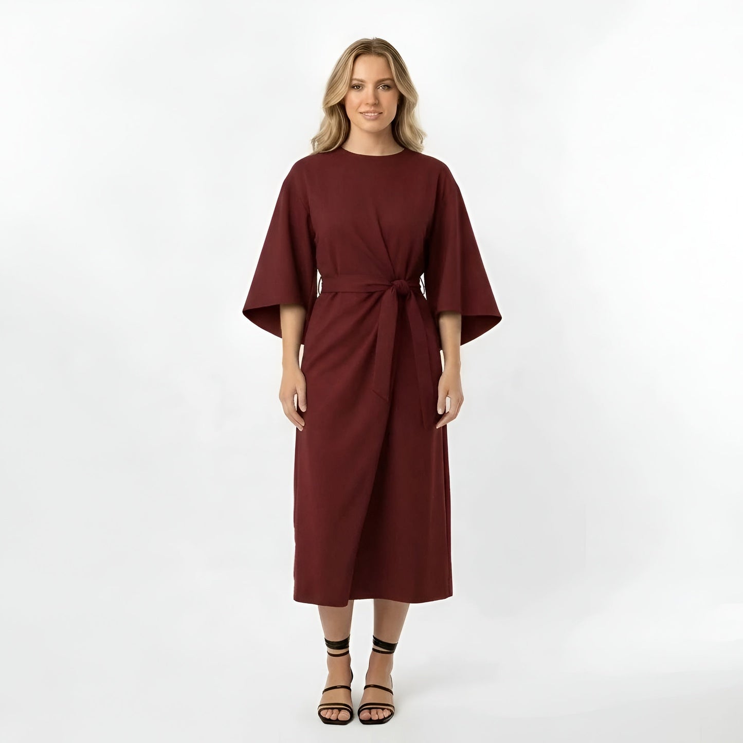 Vestido Midi Mujer Poliéster Cinturón Manga Cruzada - Mavetta