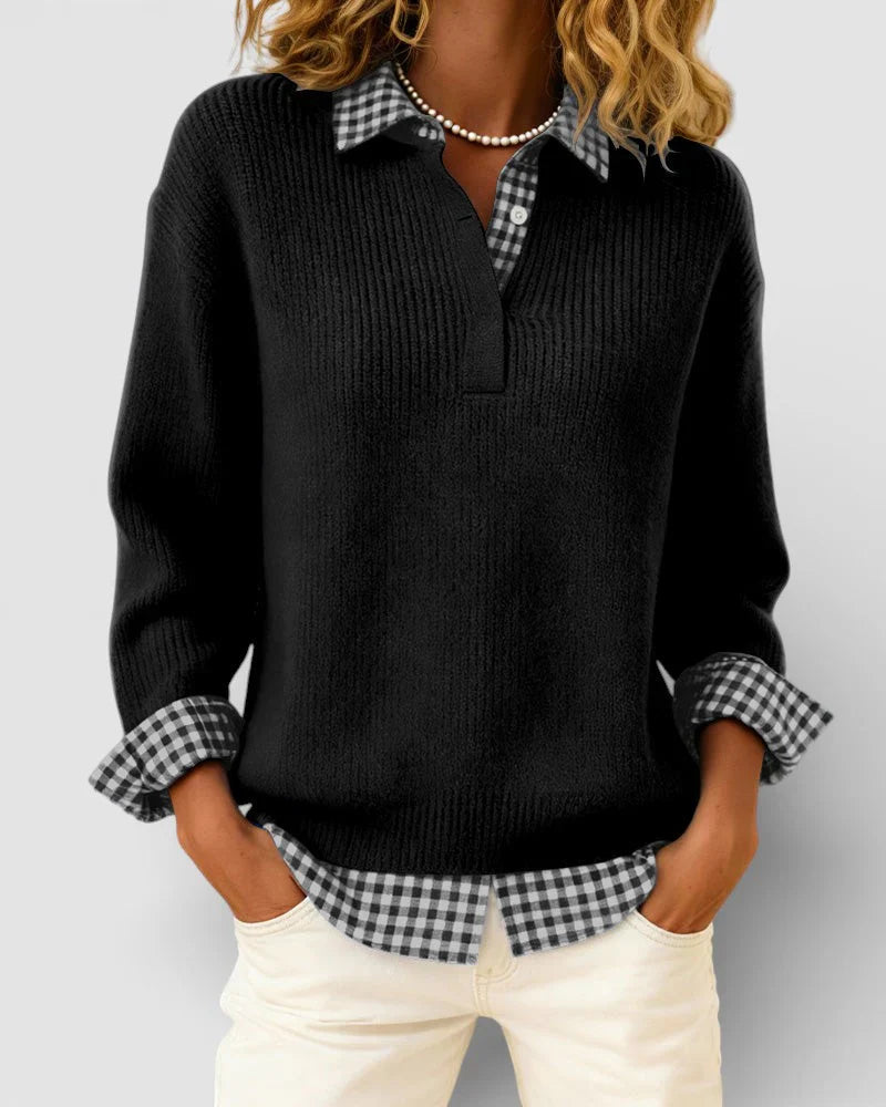 Jersey Mujer de Punto con Detalle de Camisa Cuadros
