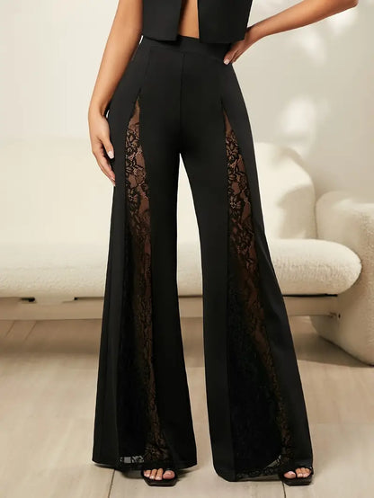 Pantalón Campana Mujer con Cintura Alta y Detalles de Encaje