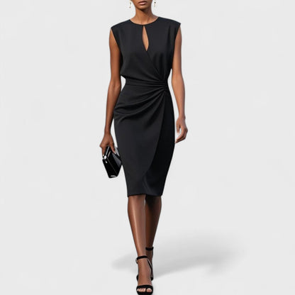 Vestido Midi Mujer Cruzado con Pliegues y Cuello Redondo